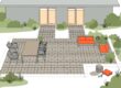 A paver patio with a dining table, lounge seating, and open paths to the house.