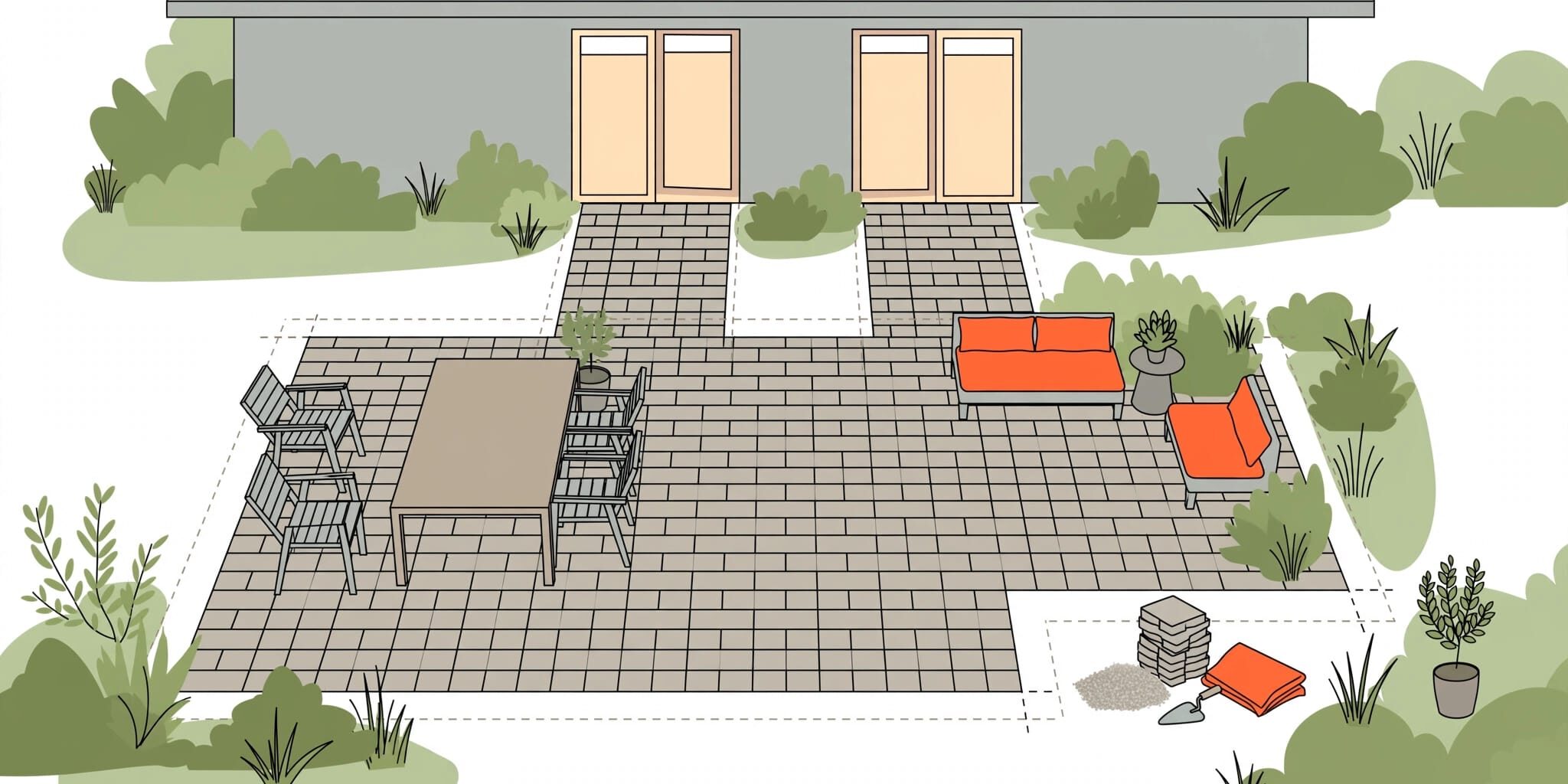 A paver patio with a dining table, lounge seating, and open paths to the house.