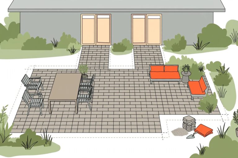 A paver patio with a dining table, lounge seating, and open paths to the house.