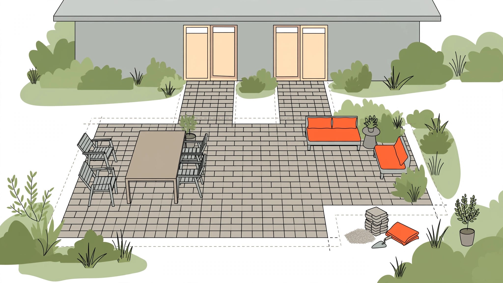 A paver patio with a dining table, lounge seating, and open paths to the house.