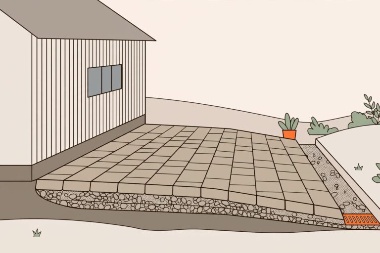 Sloped Paver Patio Patio pavers slope away from a house toward a drainage channel.