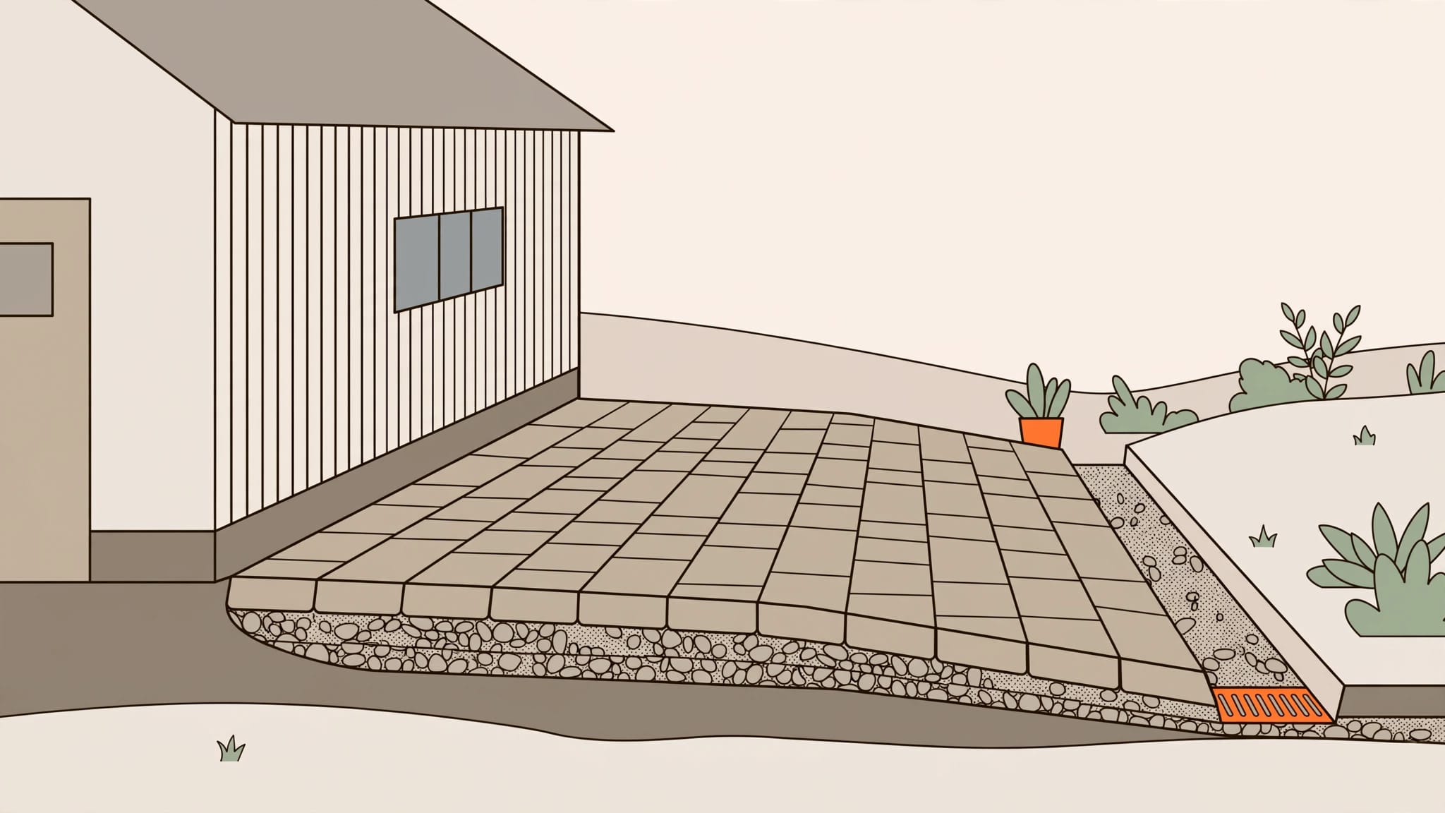 Patio pavers slope away from a house toward a drainage channel.
