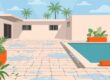 Pale pavers border a turquoise pool beneath palm trees.