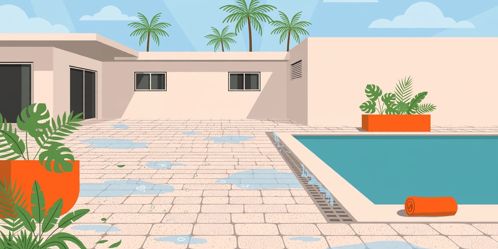 Pale pavers border a turquoise pool beneath palm trees.