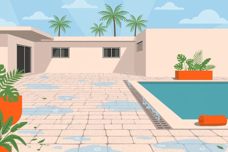 Florida Porcelain Pool Deck Pale pavers border a turquoise pool beneath palm trees.