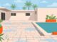 Pale pavers border a turquoise pool beneath palm trees.