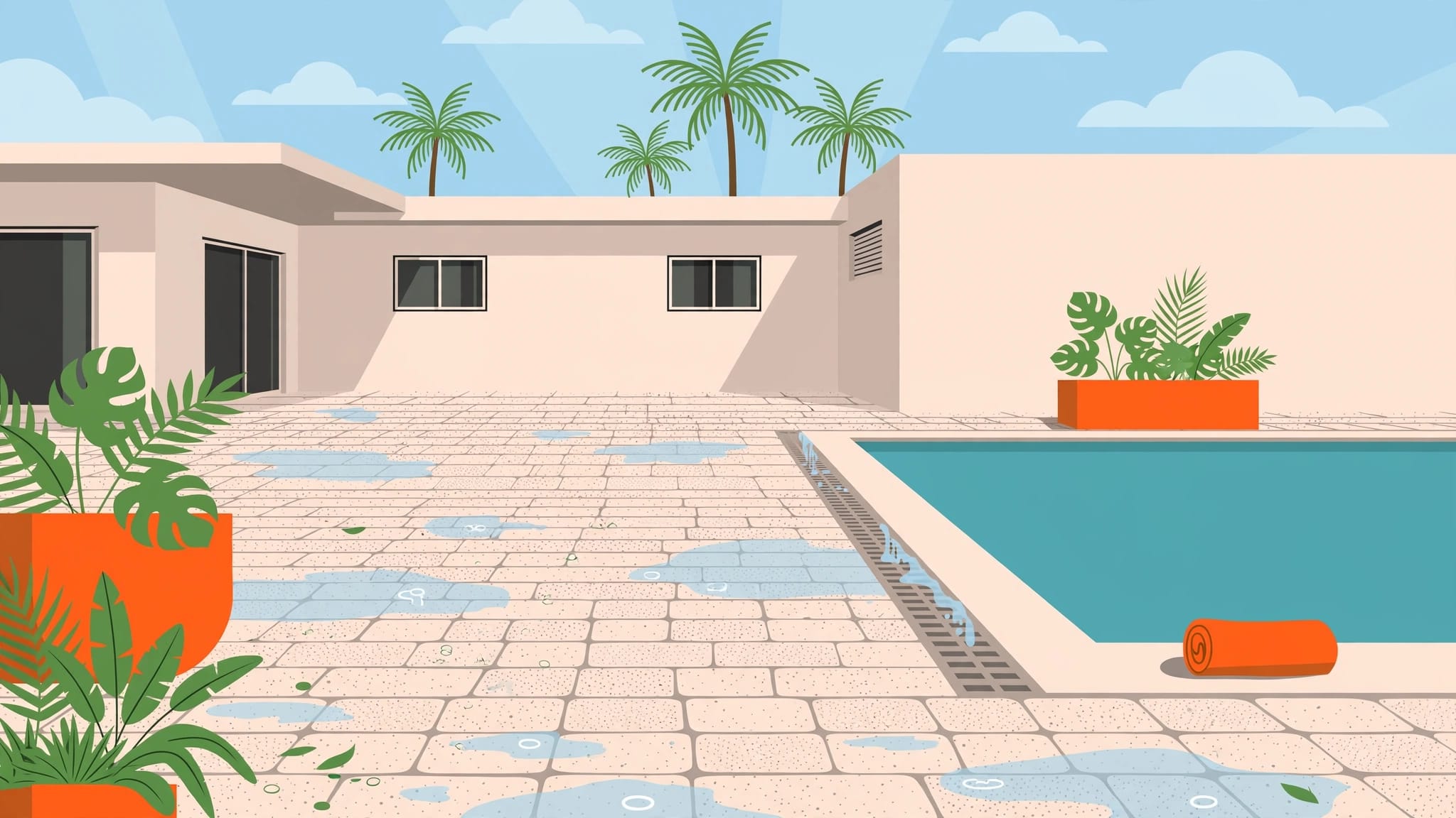 Pale pavers border a turquoise pool beneath palm trees.