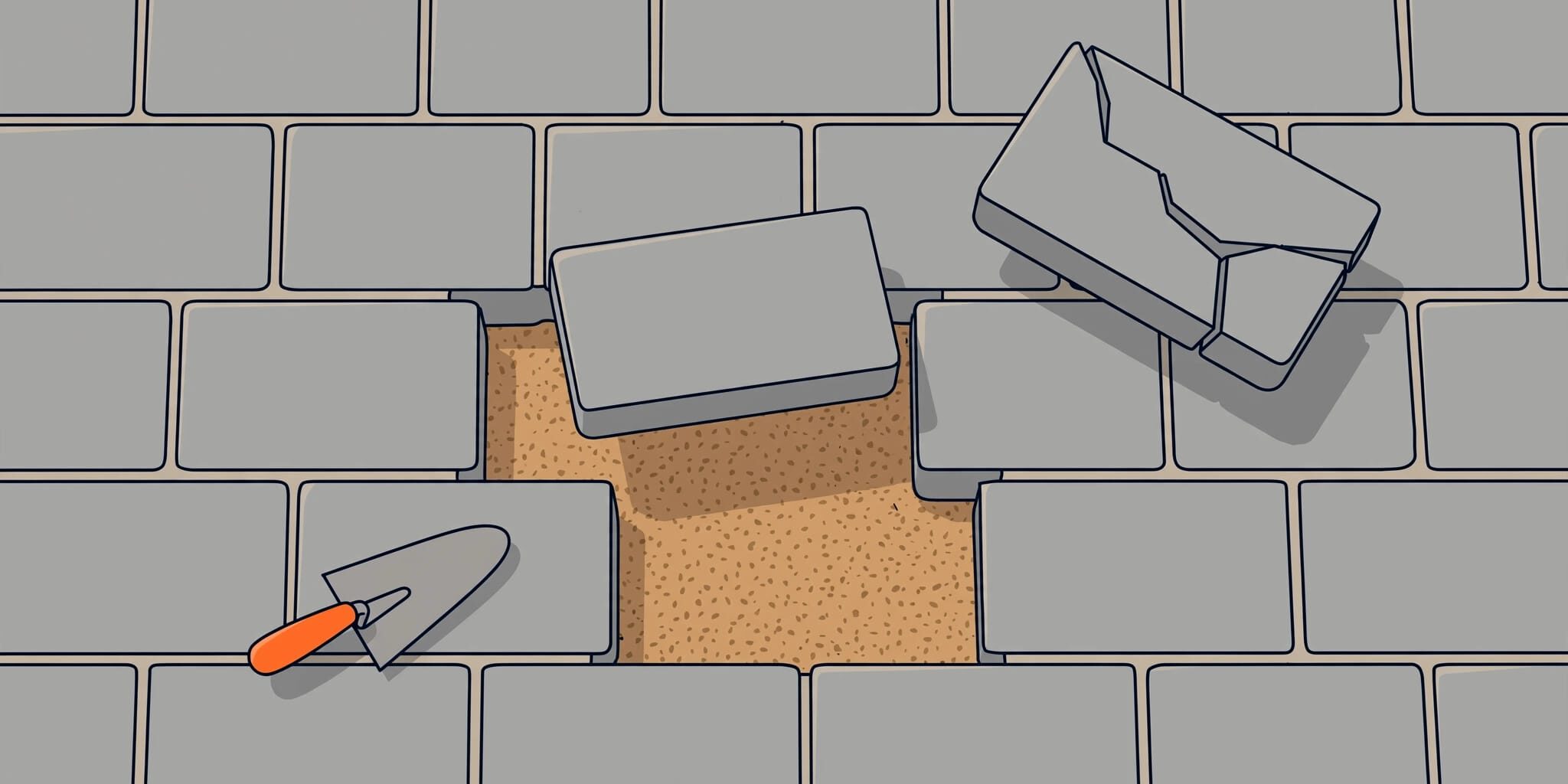 A matching paver is poised above an open spot in a patio beside a small trowel.