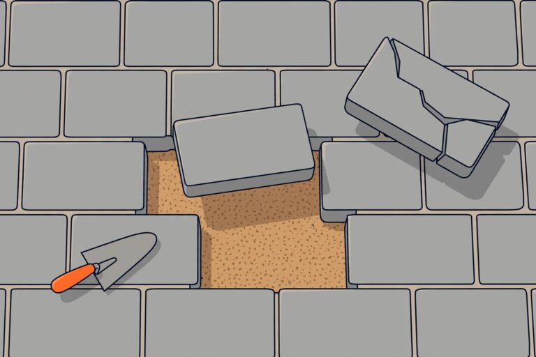 Patio Paver Replacement A matching paver is poised above an open spot in a patio beside a small trowel.
