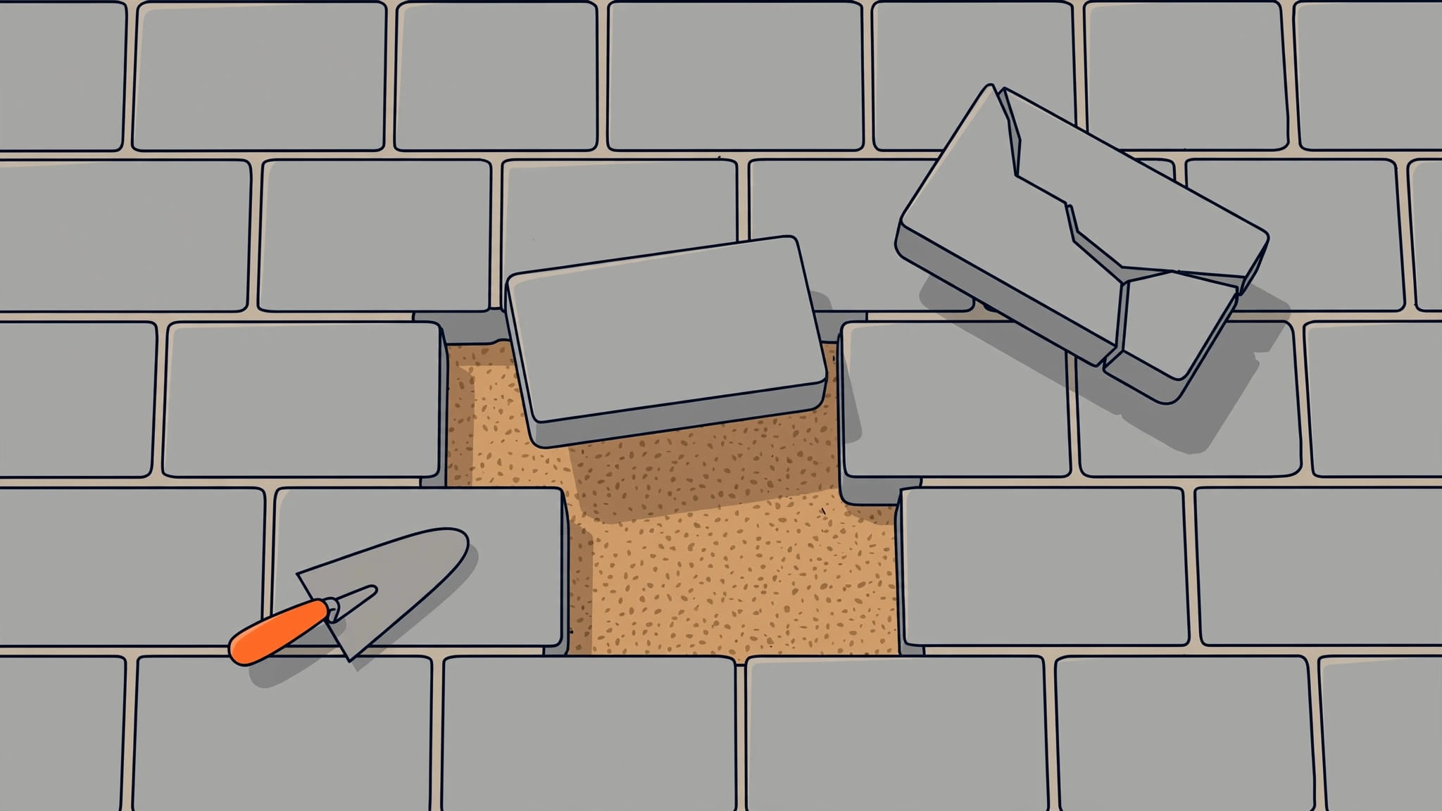 A matching paver is poised above an open spot in a patio beside a small trowel.