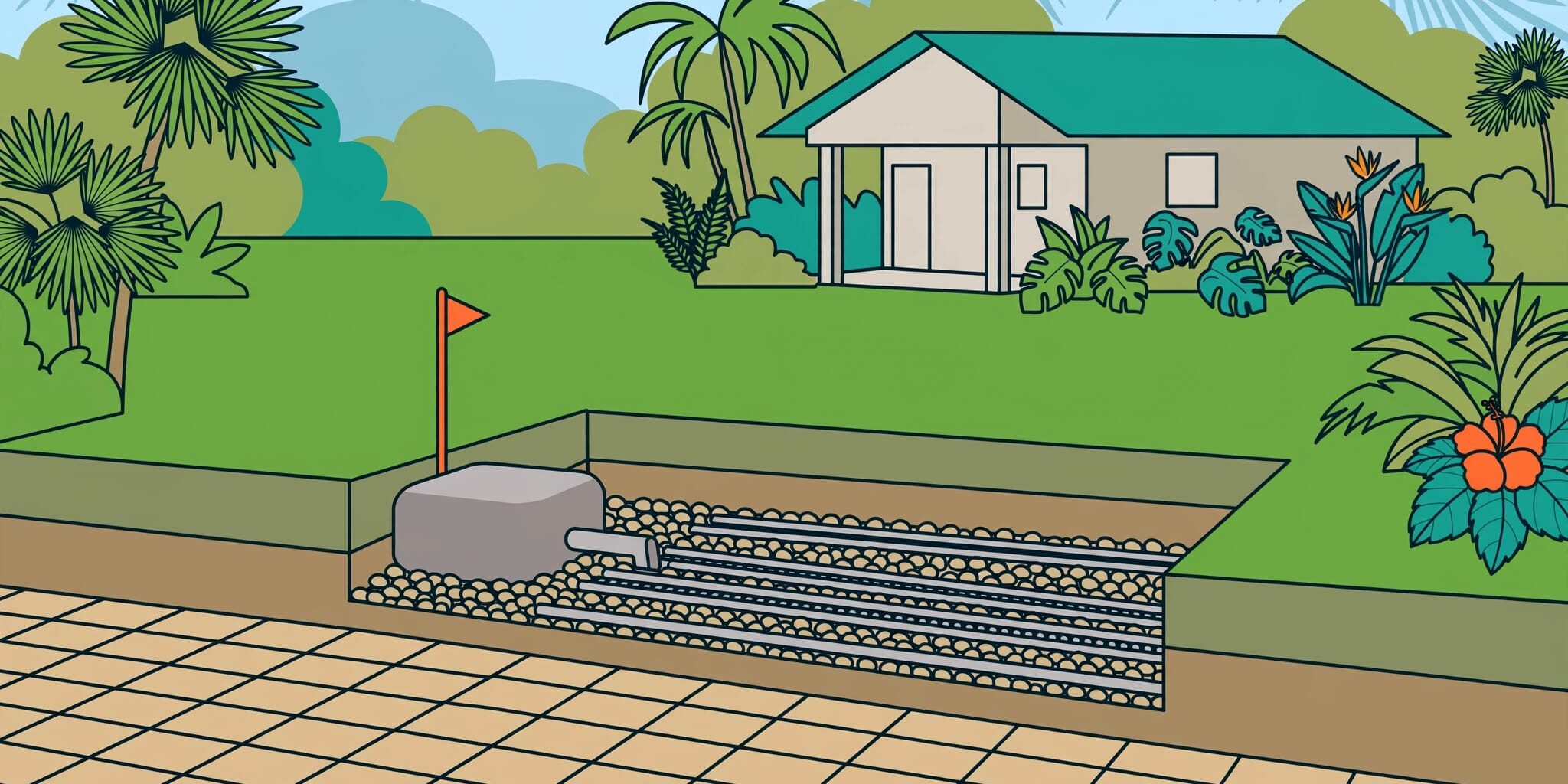 Florida Septic Yard Layout A paver patio stops before a grassy septic field marked by an orange stake.