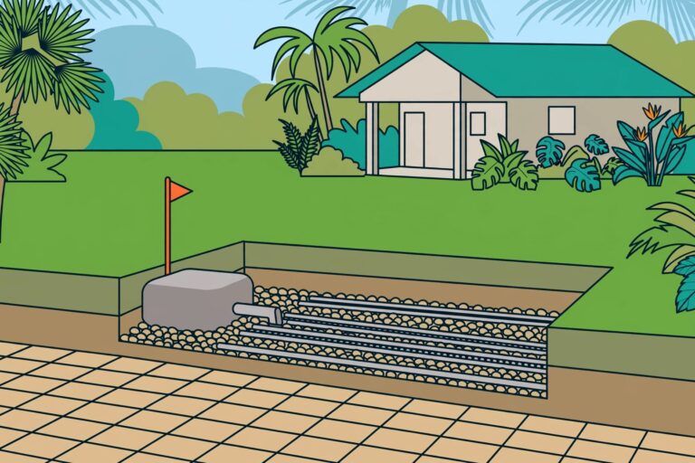 A paver patio stops before a grassy septic field marked by an orange stake.
