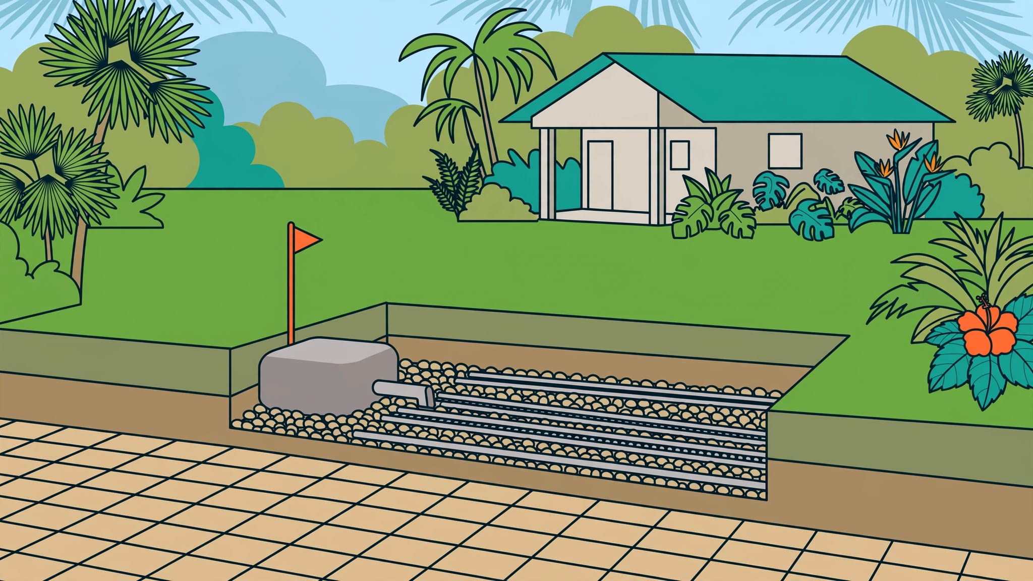 A paver patio stops before a grassy septic field marked by an orange stake.