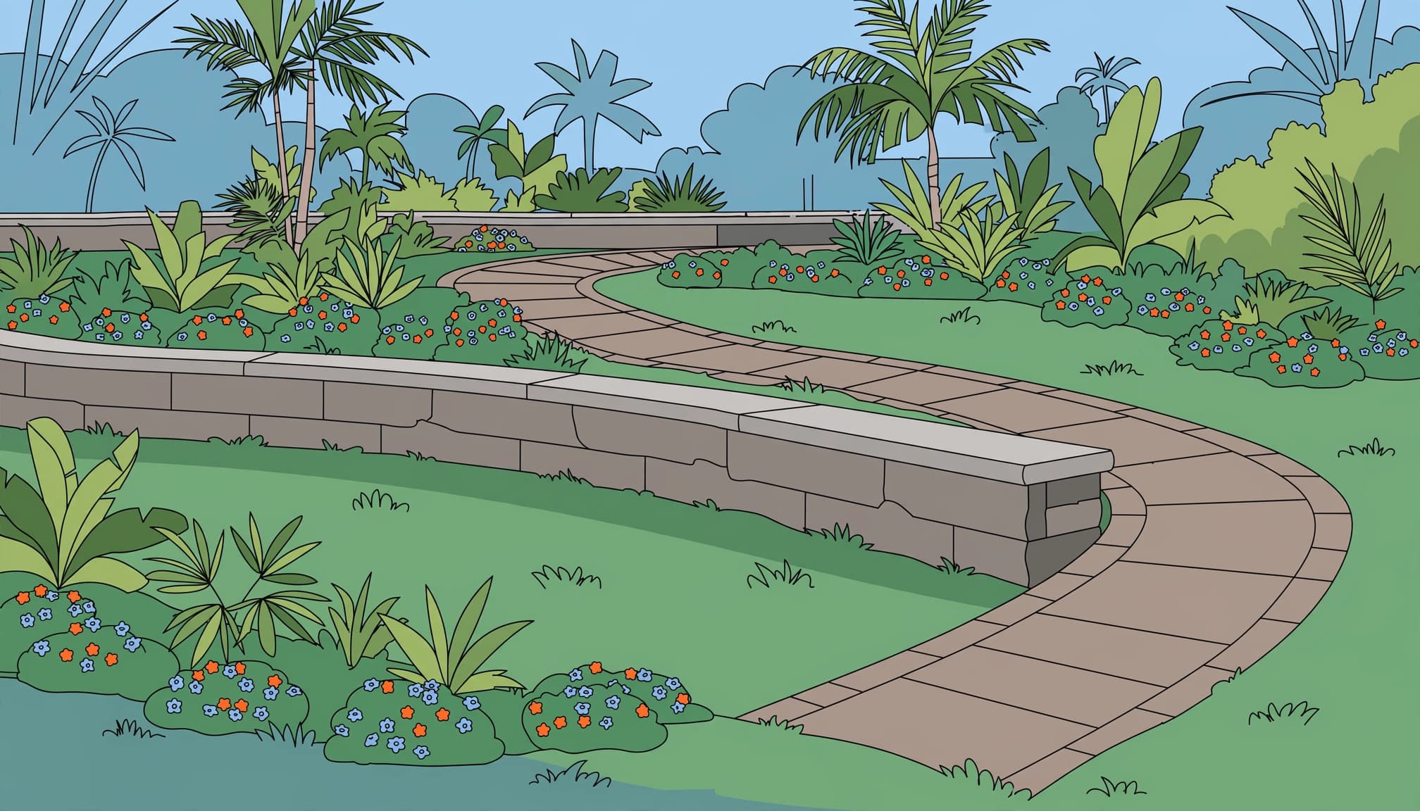 Illustrated Florida garden terraces with paver retaining walls and a curved walkway.