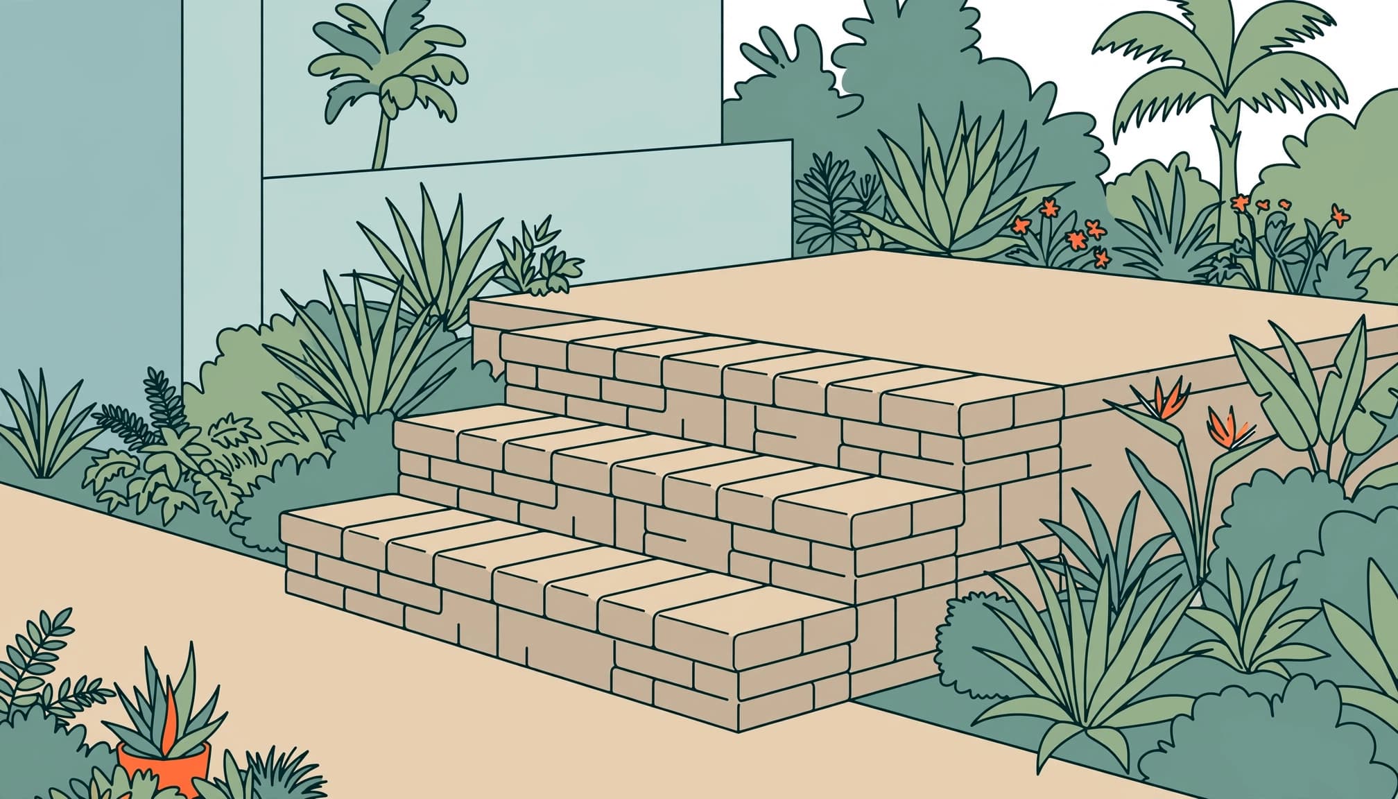 An illustration of paver steps and a patio landing in a lush garden with palms.