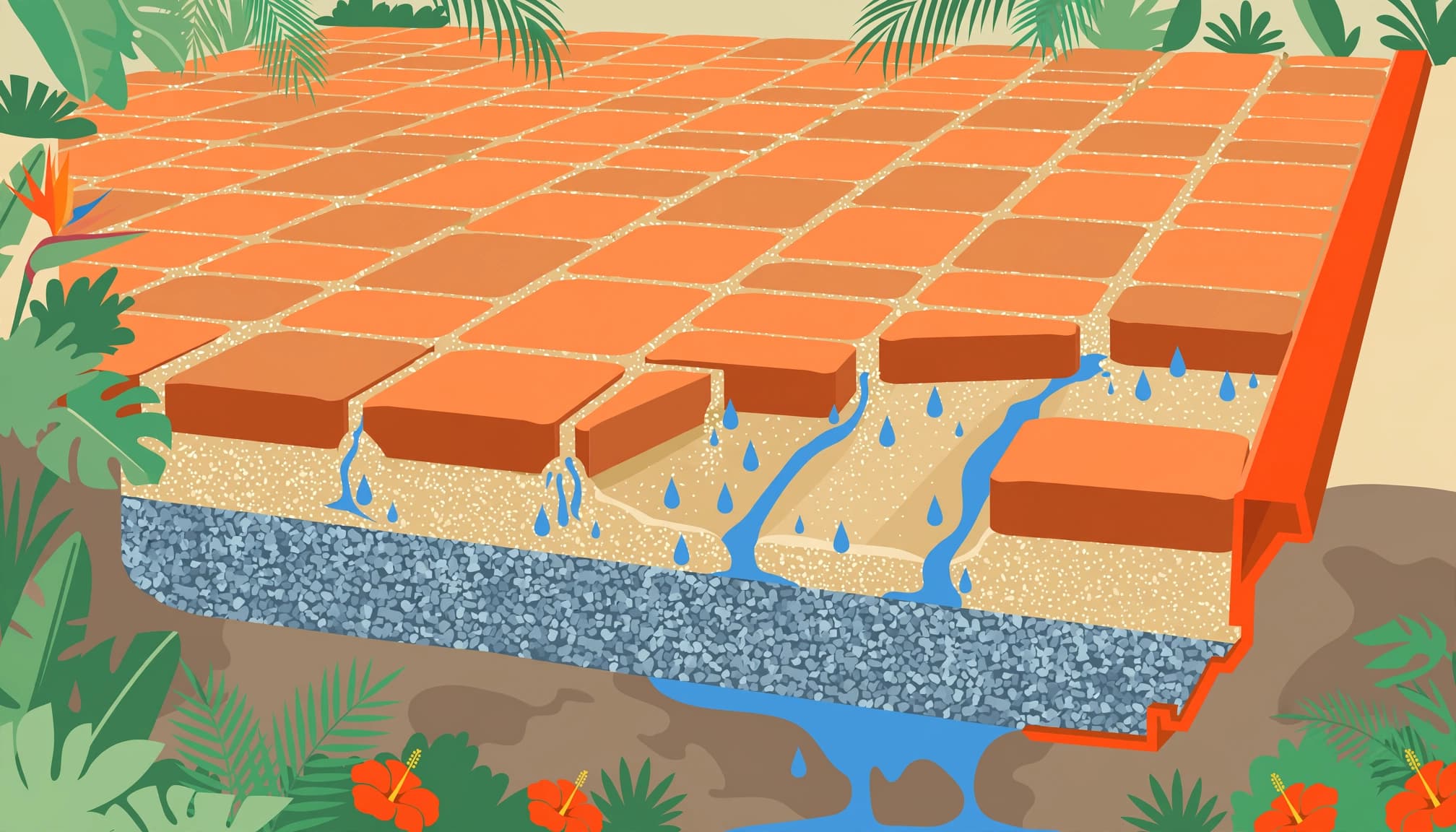 A cutaway patio shows pavers, sand-filled joints, a compacted base, and rainwater drainage.