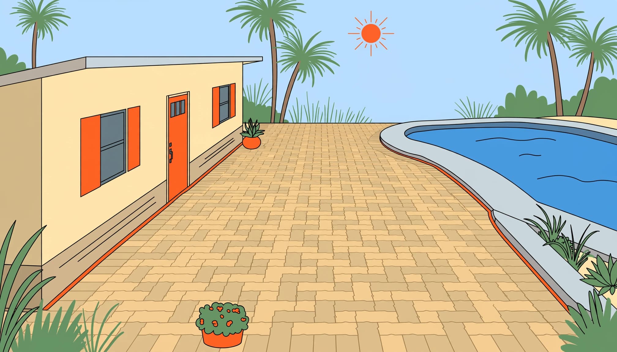 Paver patio expansion joints at a Florida home's foundation and pool coping.