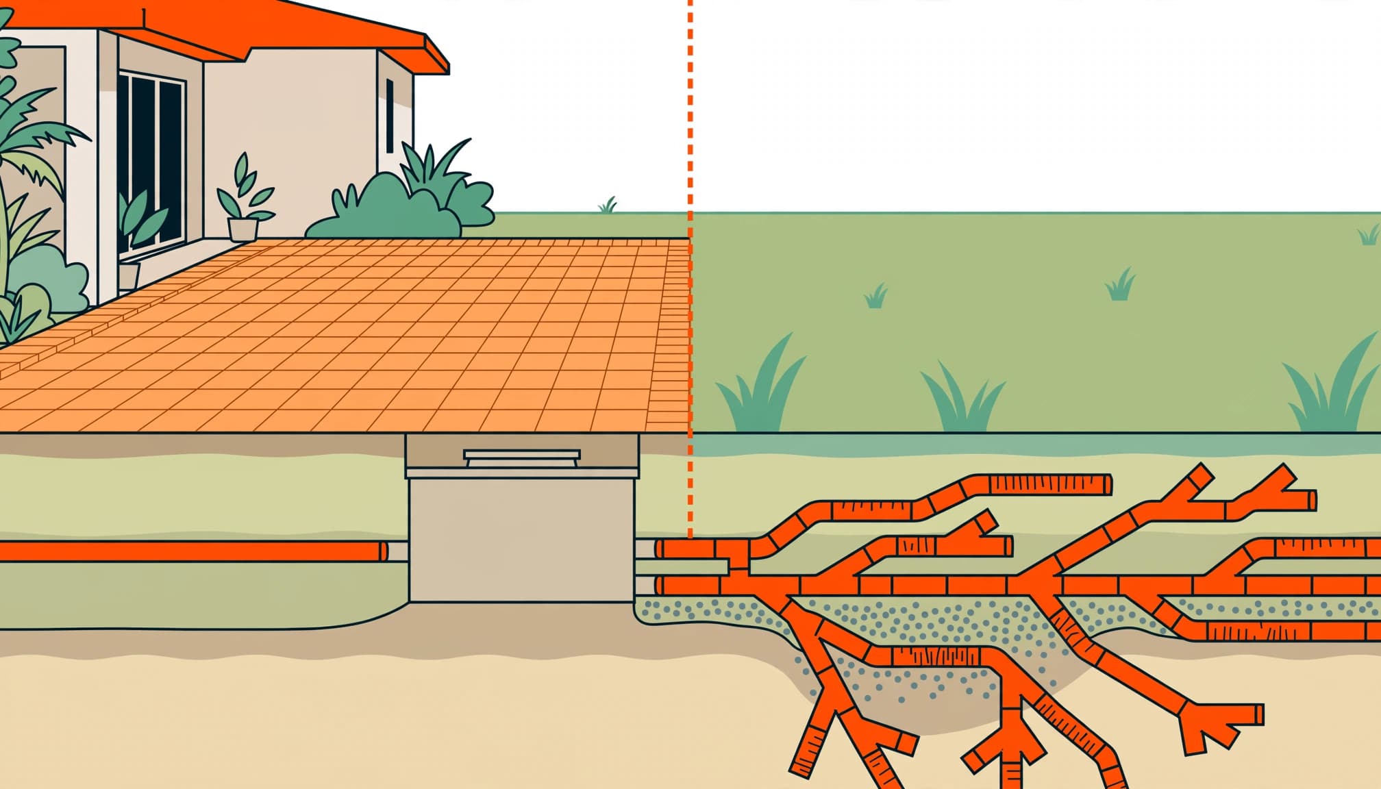 Florida septic drain field pavers layout showing a patio beside open grass and underground pipes