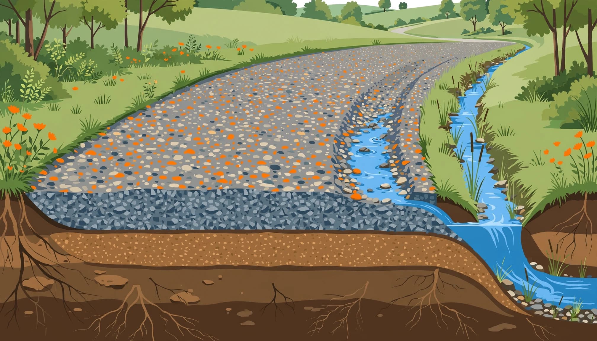 Illustrated gravel driveway cross-section showing aggregate layers, a crown, and roadside drainage.