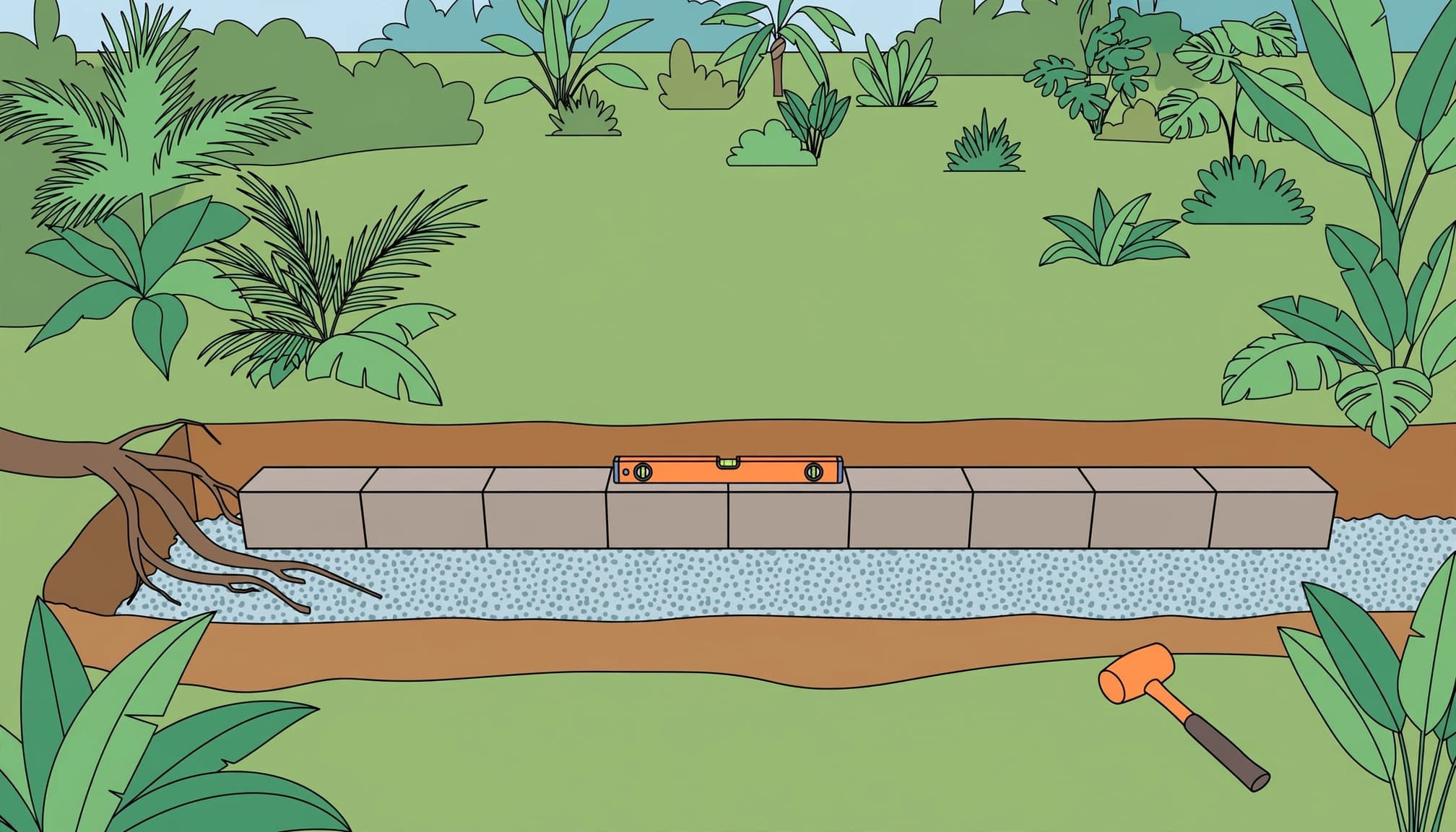 Illustration of leveling the first course of paver retaining walls on a compacted base.