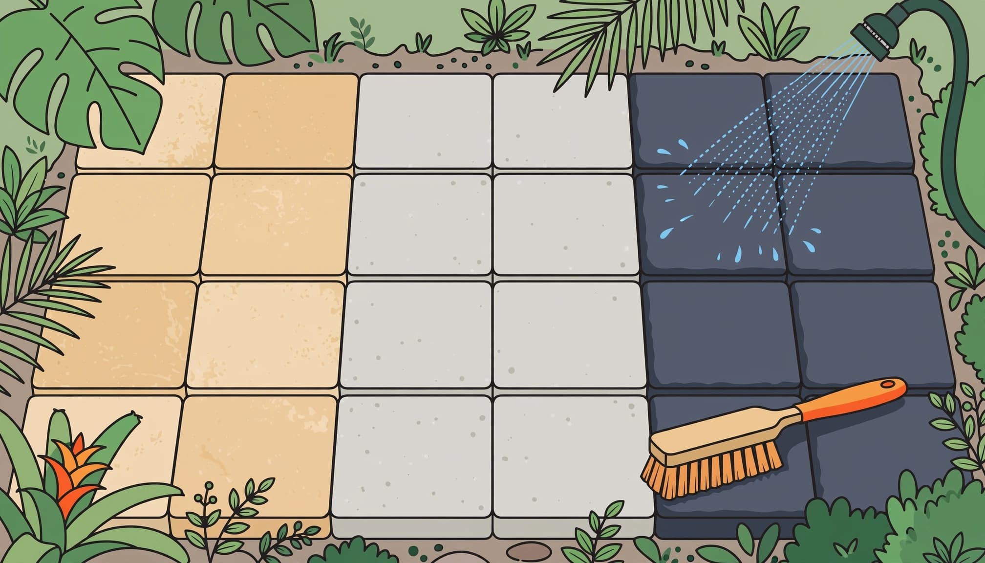Three paver finishes sit beside a brush and garden leaves.