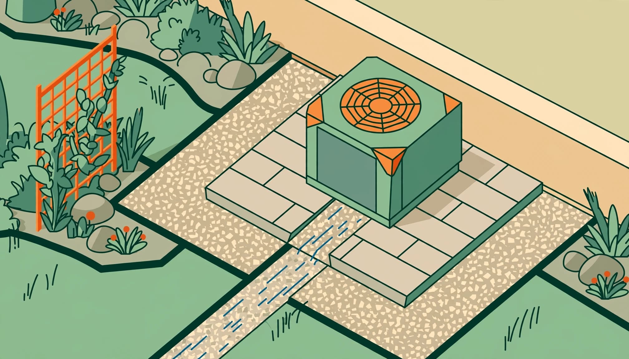 AC unit pavers with open clearance, decorative stone, and a trellis beside a house