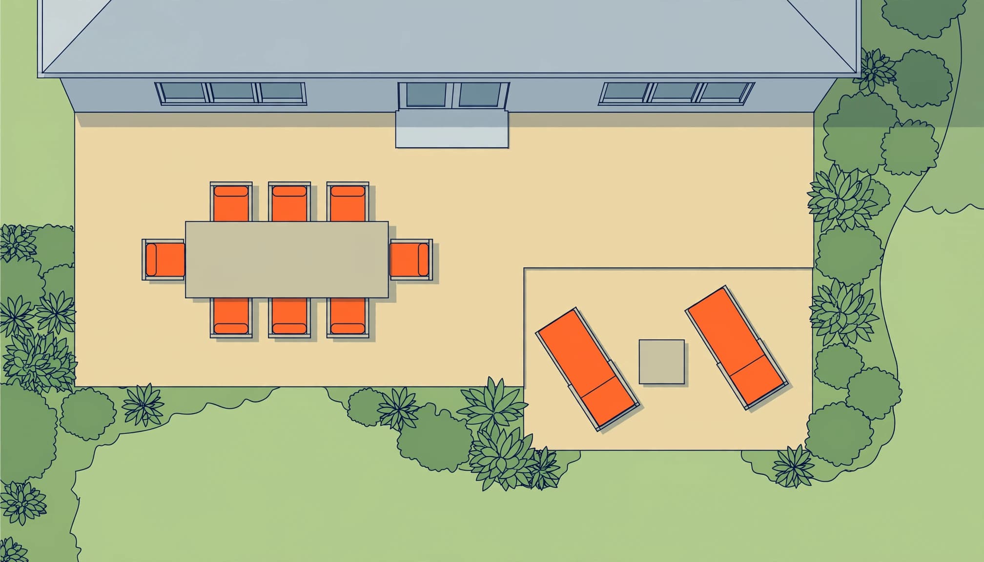 Illustrated paver patio dimensions showing an outdoor dining table, lounge chairs, and walking space.