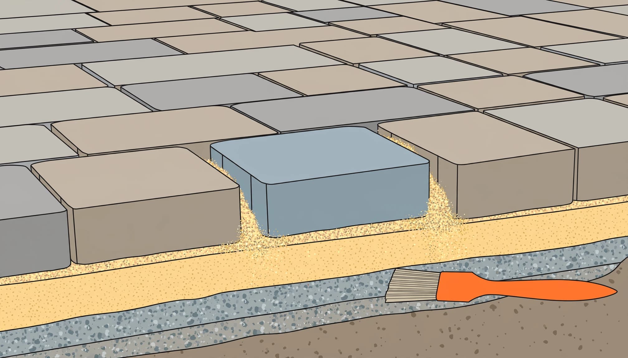 Illustrated cross-section of a replacement patio paver, bedding layers, and joint sand