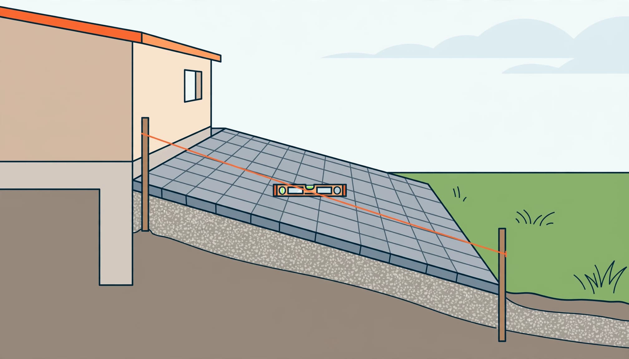 String-line setup showing paver patio slope away from a house