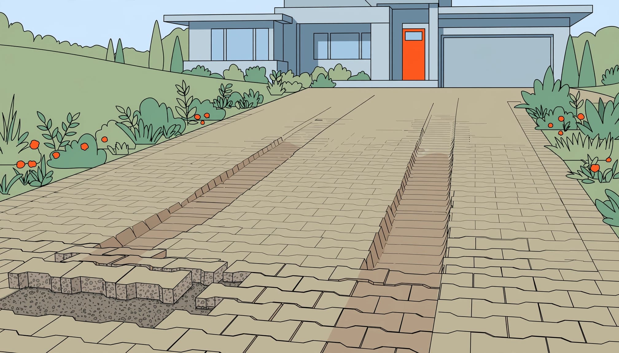Illustration of paver driveway rutting along tire paths, with lifted pavers exposing the aggregate base.