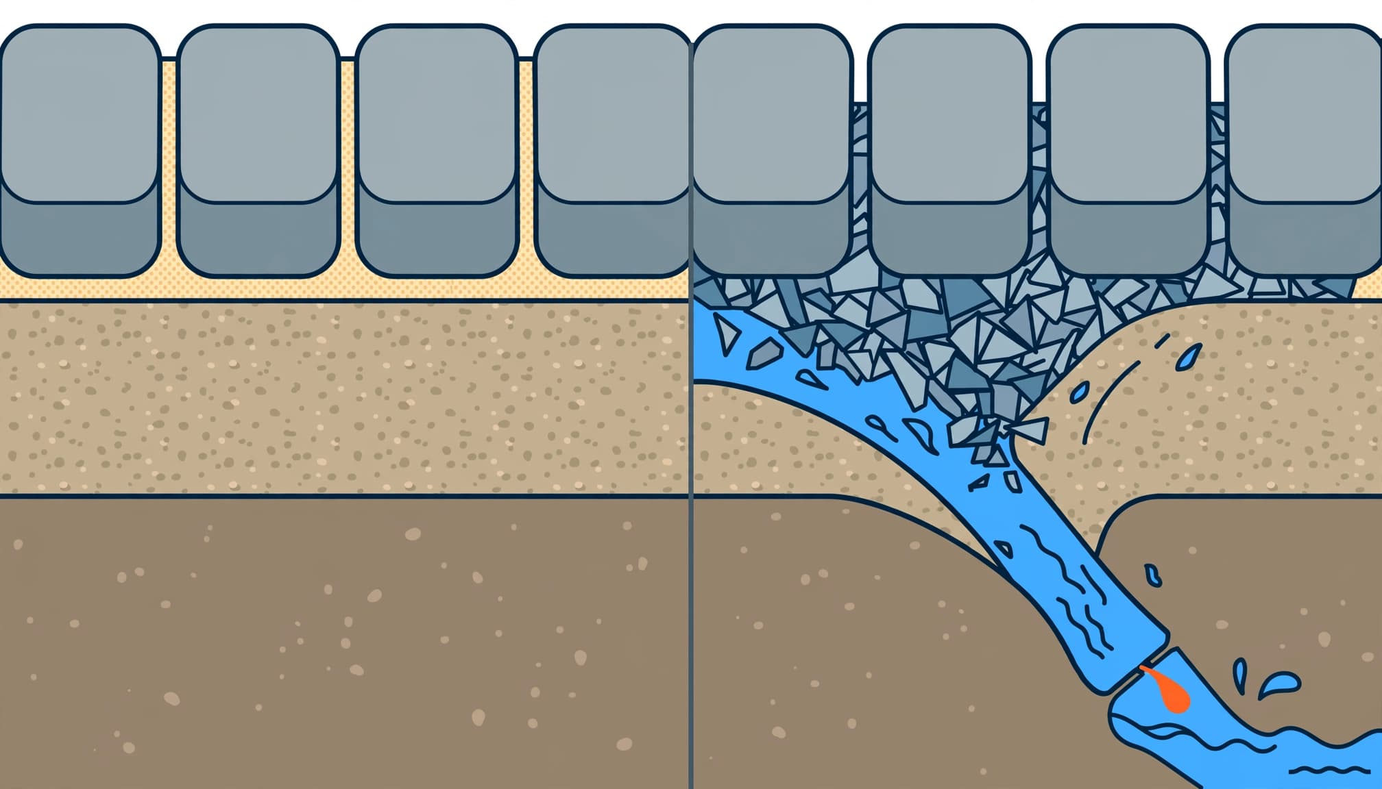 Illustrated paver joint width comparison showing sand-filled concrete pavers beside permeable chip-stone joints.