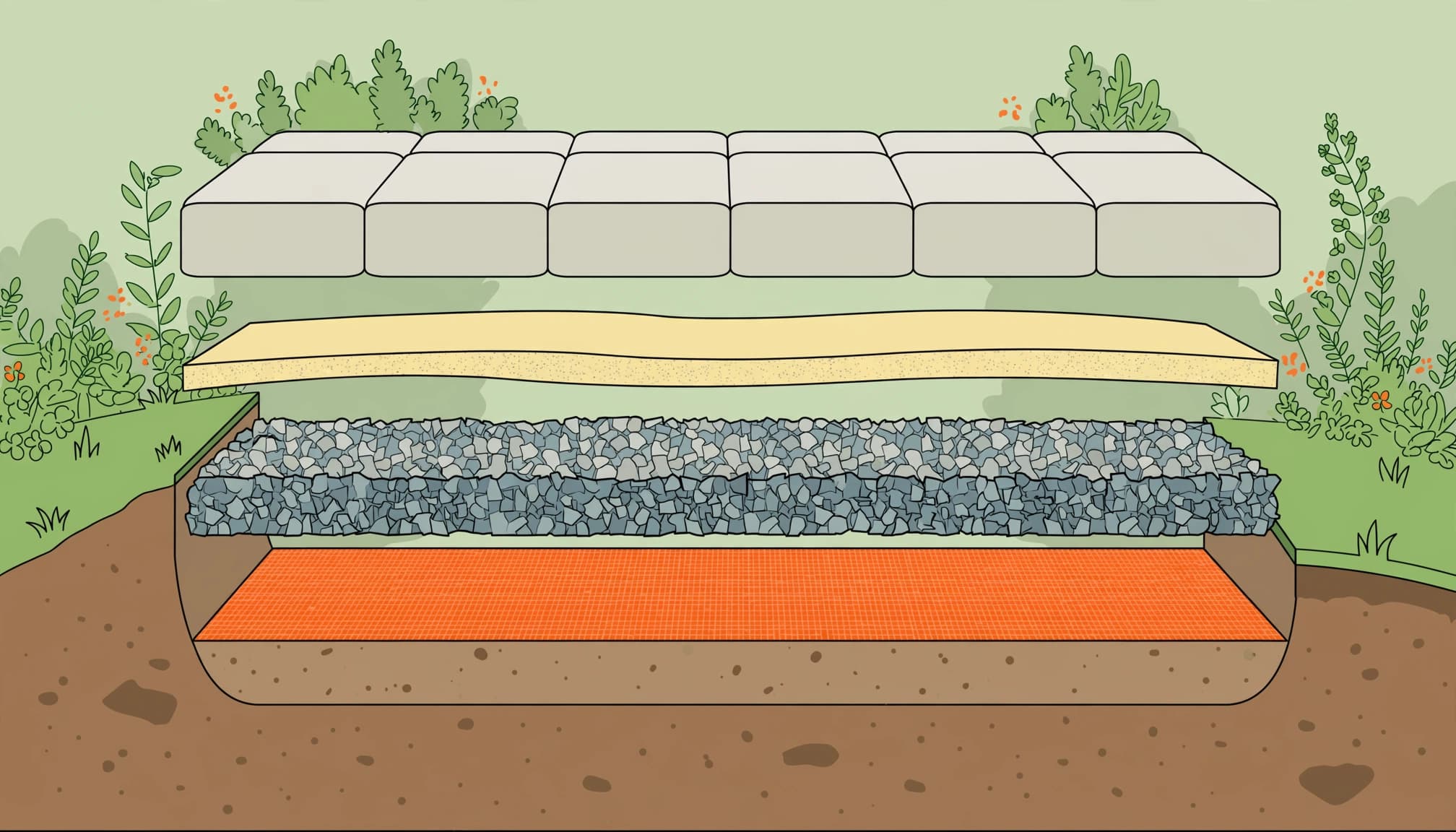 Illustrated cutaway of pavers above bedding sand, compacted aggregate, geotextile fabric, and native soil.