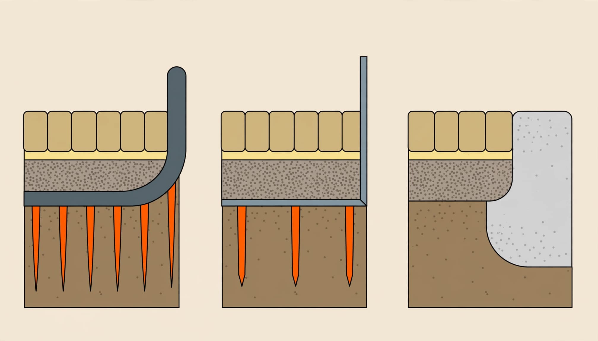 Illustration comparing plastic, metal, and concrete restraints for a paver patio border.