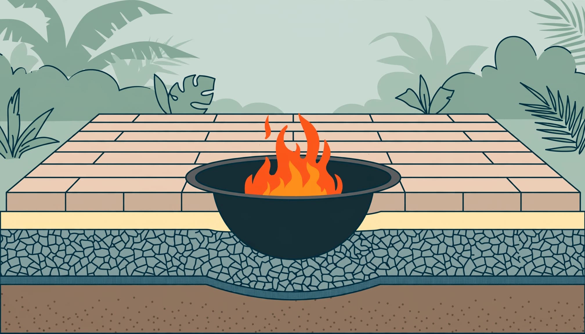 A paver patio fire pit foundation showing compacted soil, aggregate, bedding, and pavers.