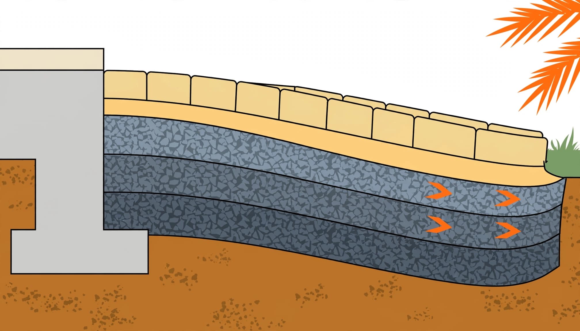 Illustrated paver foundation with bedding sand, compacted aggregate, and prepared soil beneath the surface.
