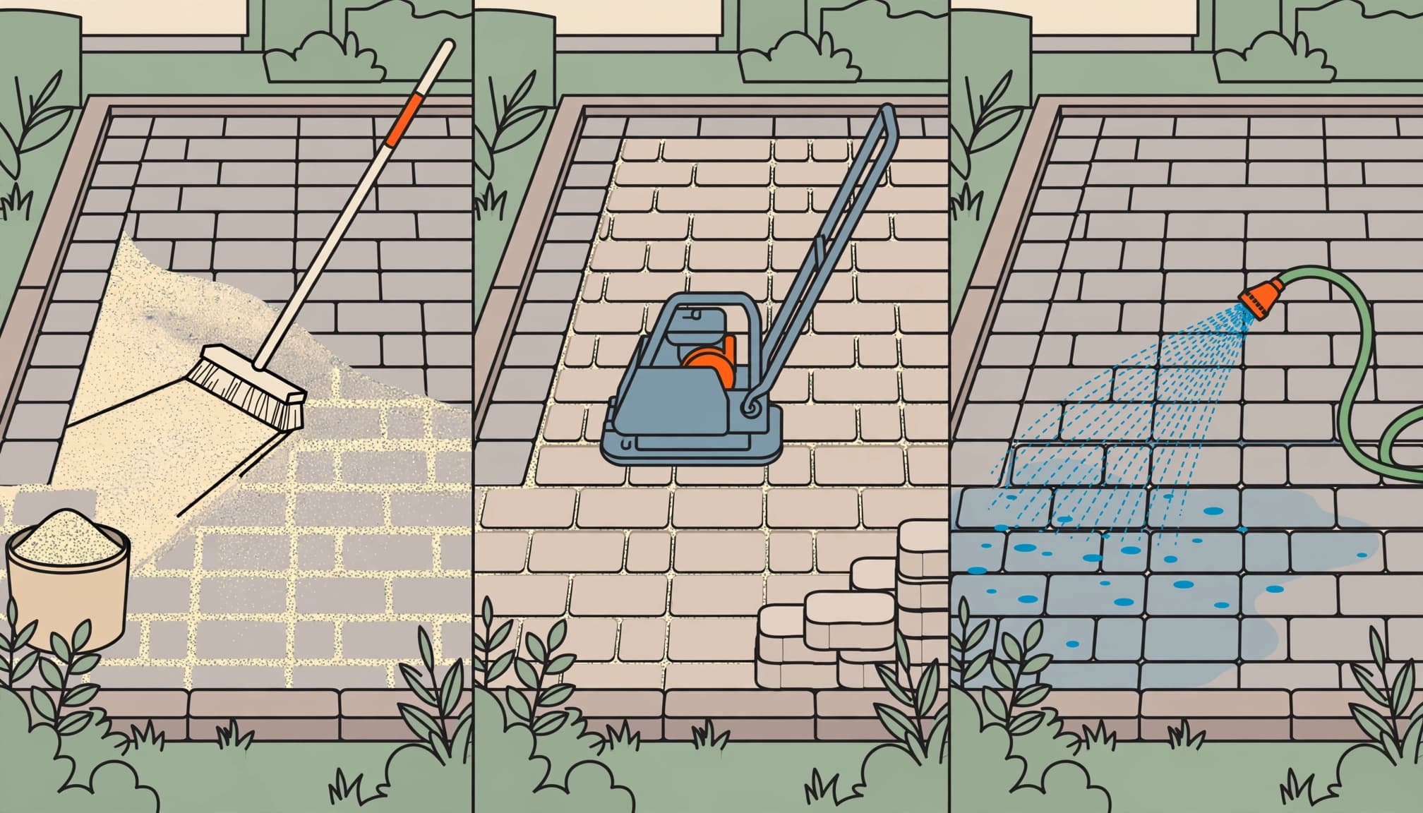 Illustration showing paver joint width maintenance through sweeping sand, compaction, and controlled watering.