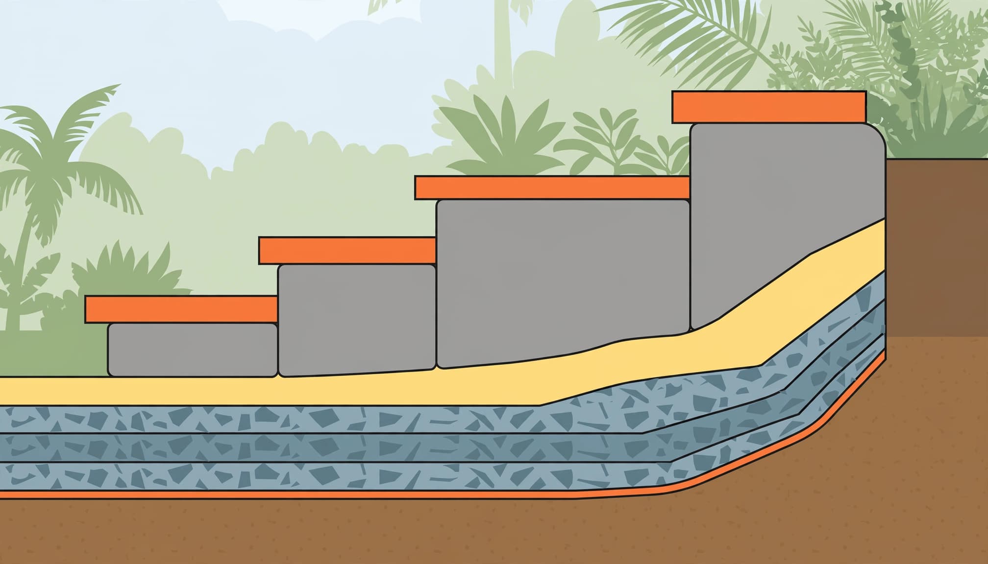 An instructional cutaway diagram of outdoor paver stairs showing layered soil, gravel, and sand construction.