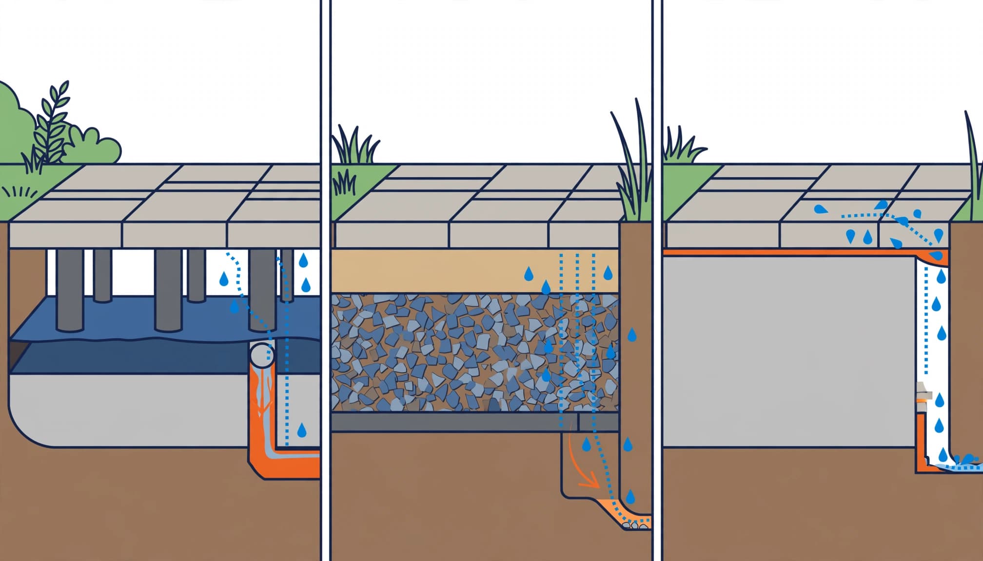 Three cutaway panels compare raised, sand-set, and bonded porcelain paver installations.