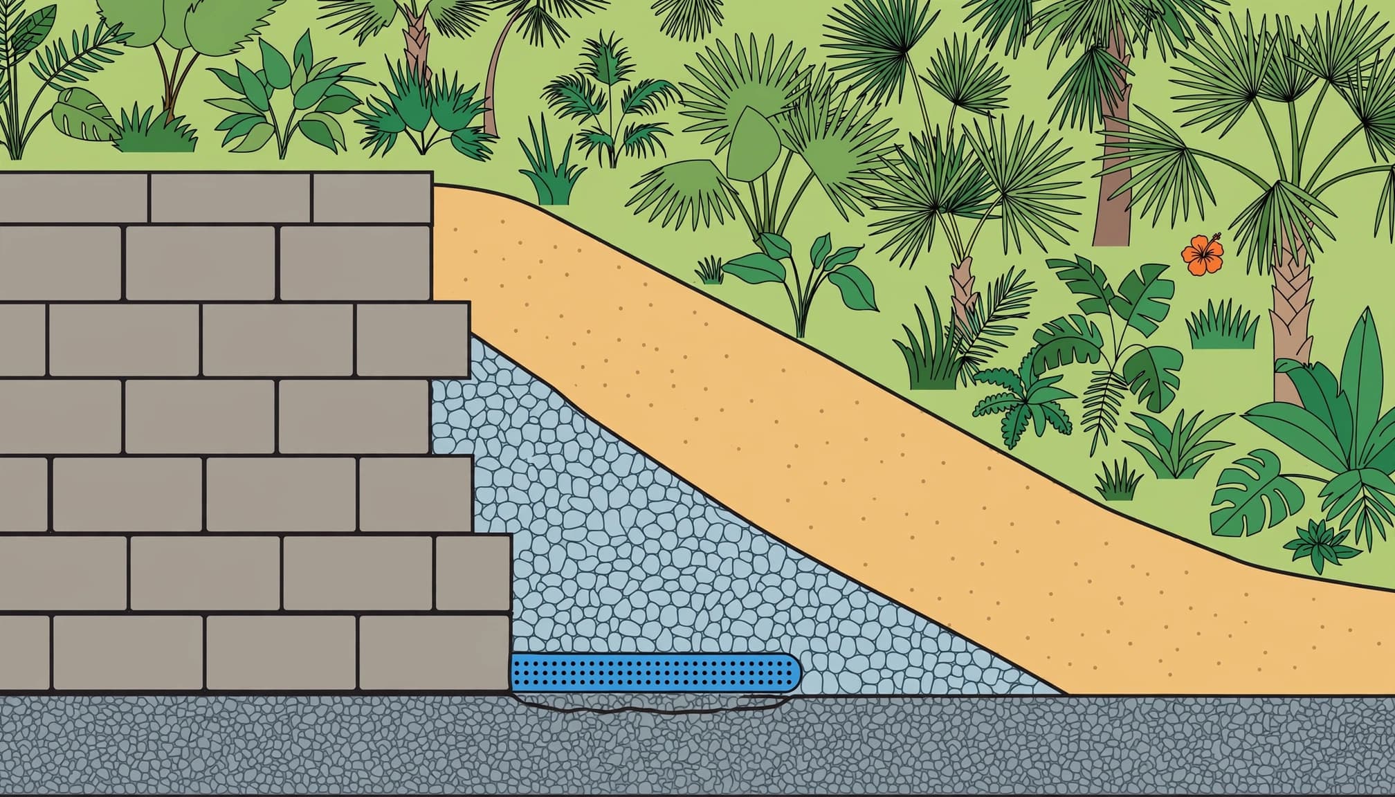 Illustrated foundation and drainage layers for paver retaining walls.
