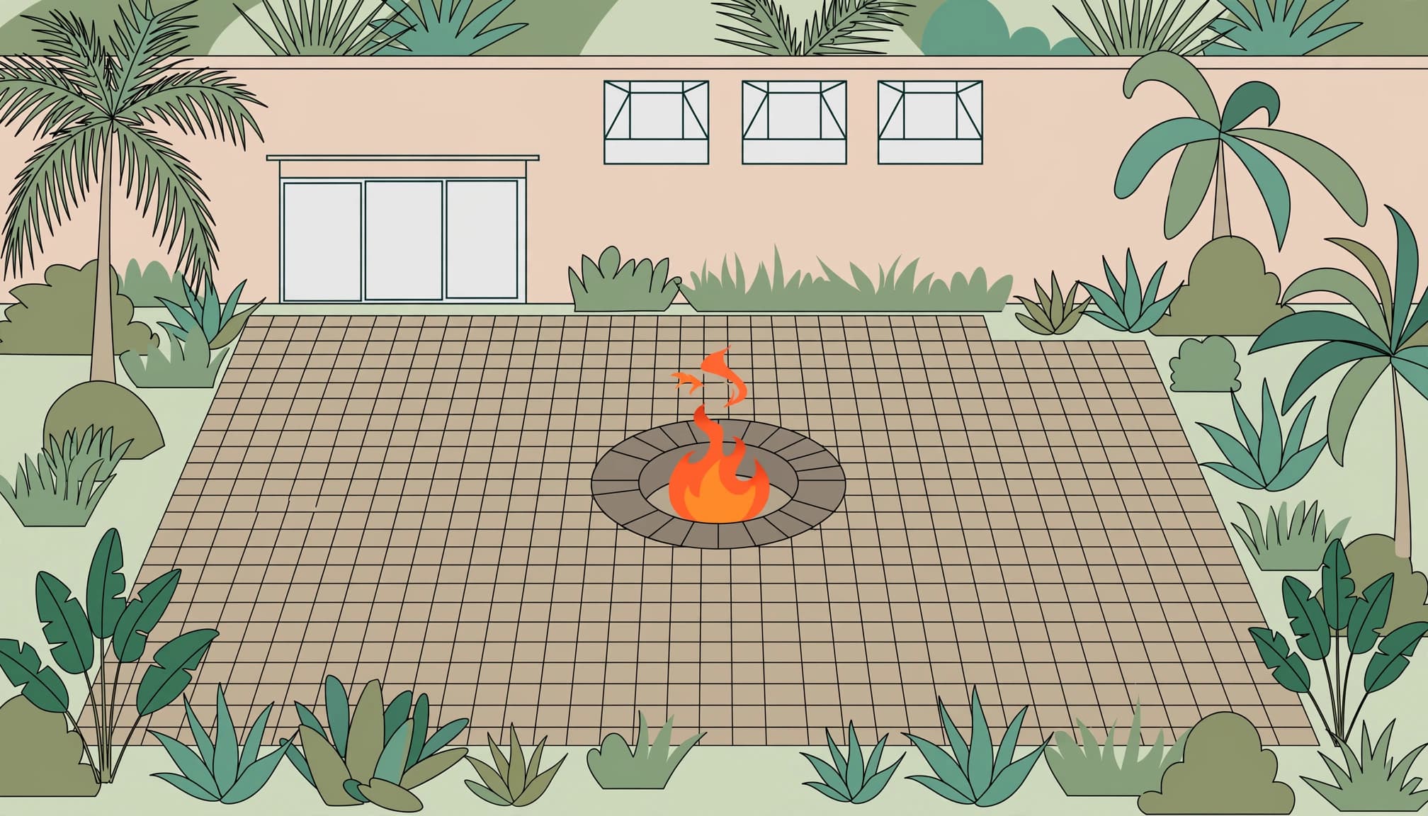 A paver patio fire pit layout with open seating space and tropical landscaping.